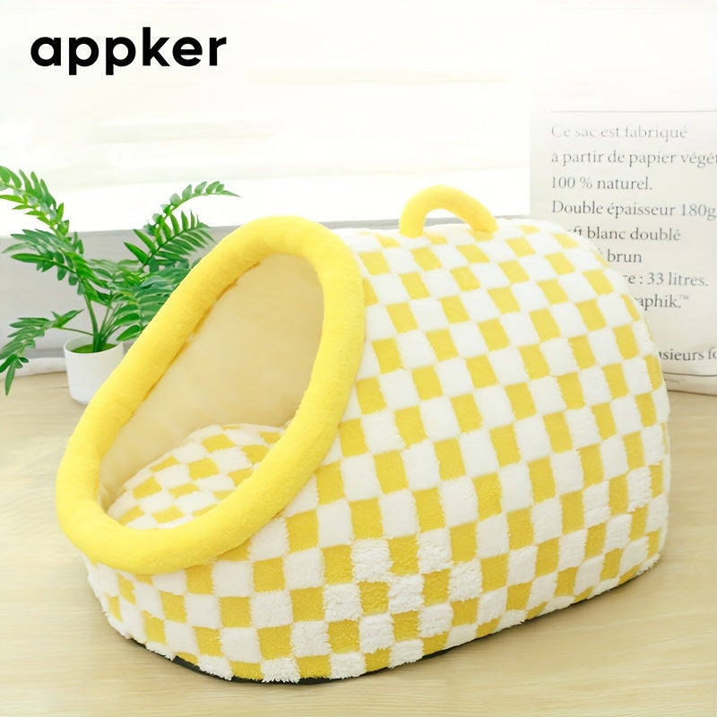 Appker Cozy Checkerboard Plush Cat Bed - Semi-Enclosed, Soft & Warm Indoor Kennel for Cats, Portable and Comfortable Hideaway, Appker