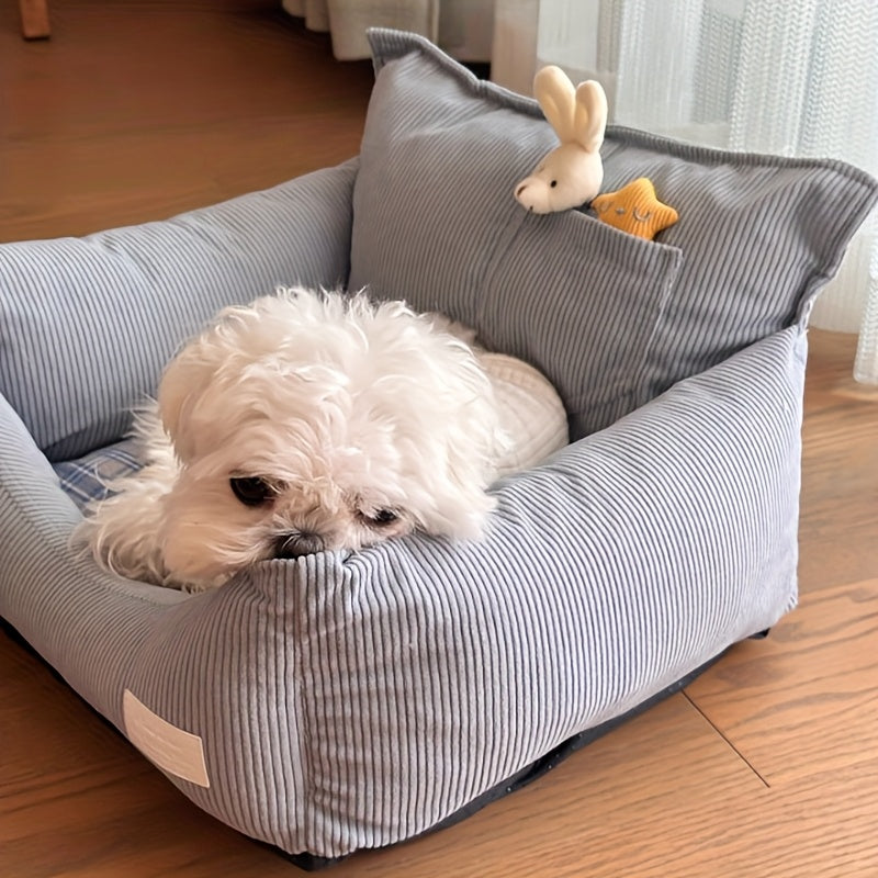 All-Season Removable & Washable Cat Bed - Durable Chew-Resistant Pet Bed with Plush Green Exterior & Checkered White/Peach Interior, Soft Comfortable Cat Pad for Indoor Cats, Cozy Design, Highquality Fabric, Home Pets