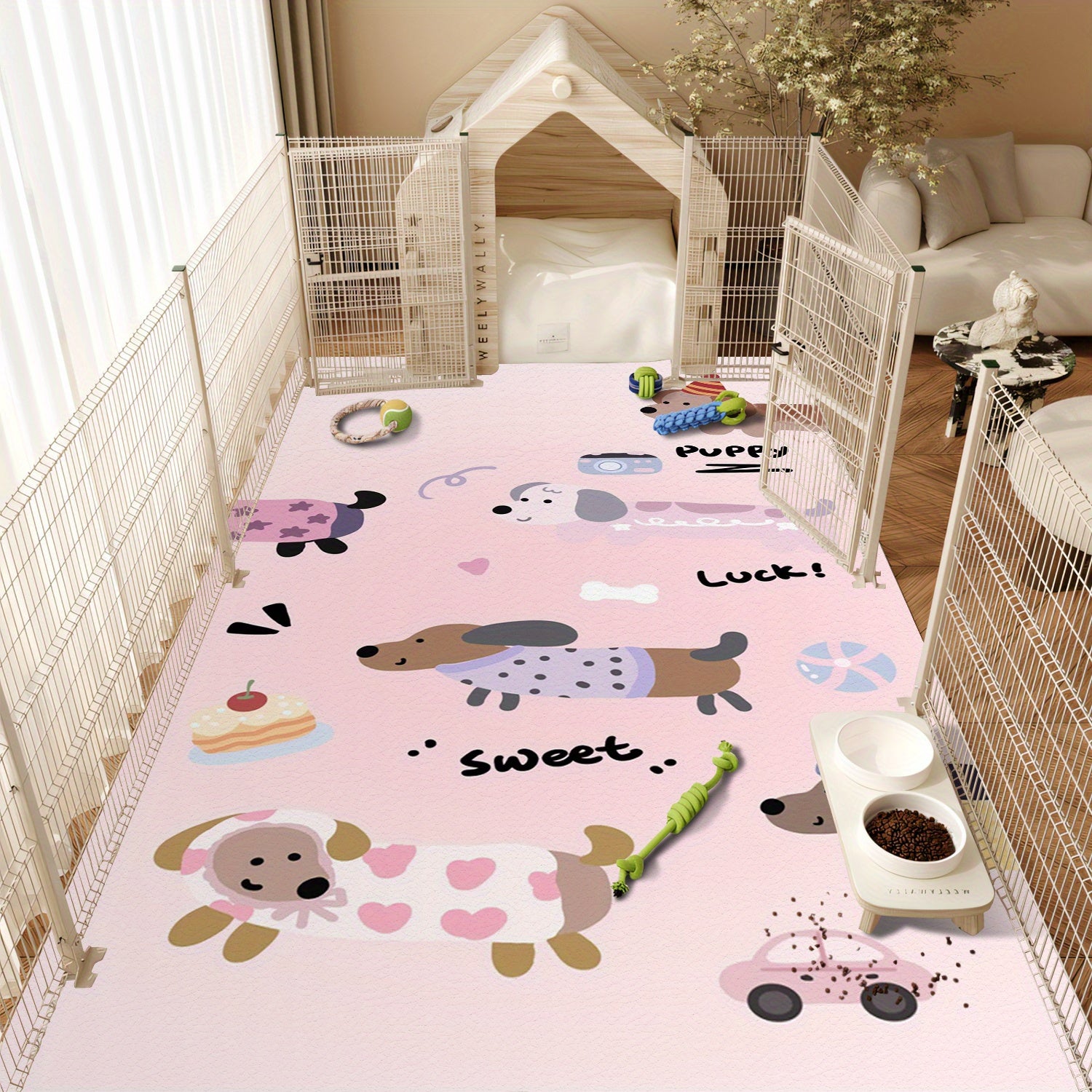 Pink Dachshund Puppy Design Plush Pet Mat - Chew-Resistant Non-Slip Large Dog Bed, Washable Polyester Kennel Pad with Playful Cartoon Hearts & Bones, Multi-Size Indoor/Outdoor Pet Mat for All Seasons, Dog Mat, Indoor Outdoor Mat, Cute Animal Prints,