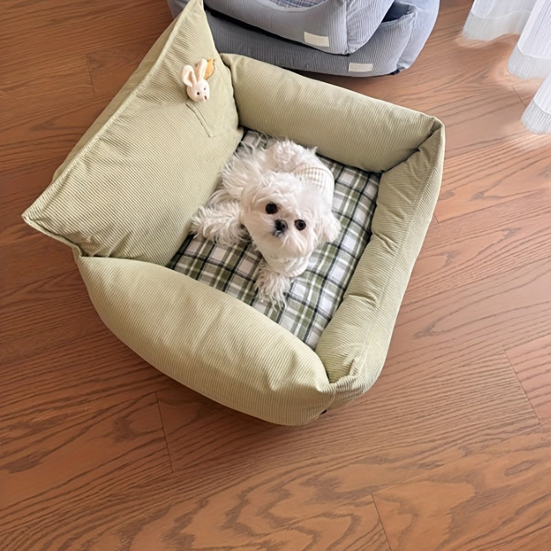 All-Season Removable & Washable Cat Bed - Durable Chew-Resistant Pet Bed with Plush Green Exterior & Checkered White/Peach Interior, Soft Comfortable Cat Pad for Indoor Cats, Cozy Design, Highquality Fabric, Home Pets