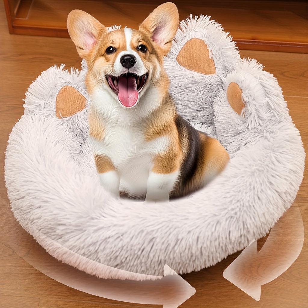 Deluxe Bear Paw Plush Pet Bed Ultra-Soft Faux Fur Round Lounger For Dogs & Cats, Warm And Calming Donut Nest With Anti-Slip Bottom, Thick PP  Filling, Machine Washable, Perfect For Small, Medium & Large Breeds All Year Round