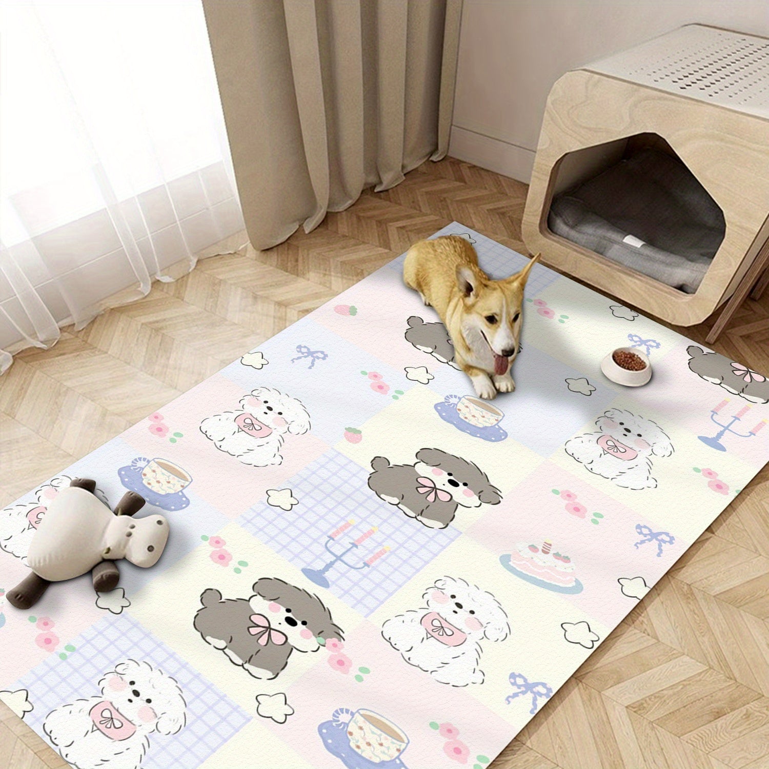 Large Plush Non-Slip Dog Mat with Adorable Black & White Puppy Design - All-Season Chew-Resistant Washable Pet Bed, Multi-Size Soft Polyester Floor Mat for Feeding, Play & Home Decor, Large Dog Bed