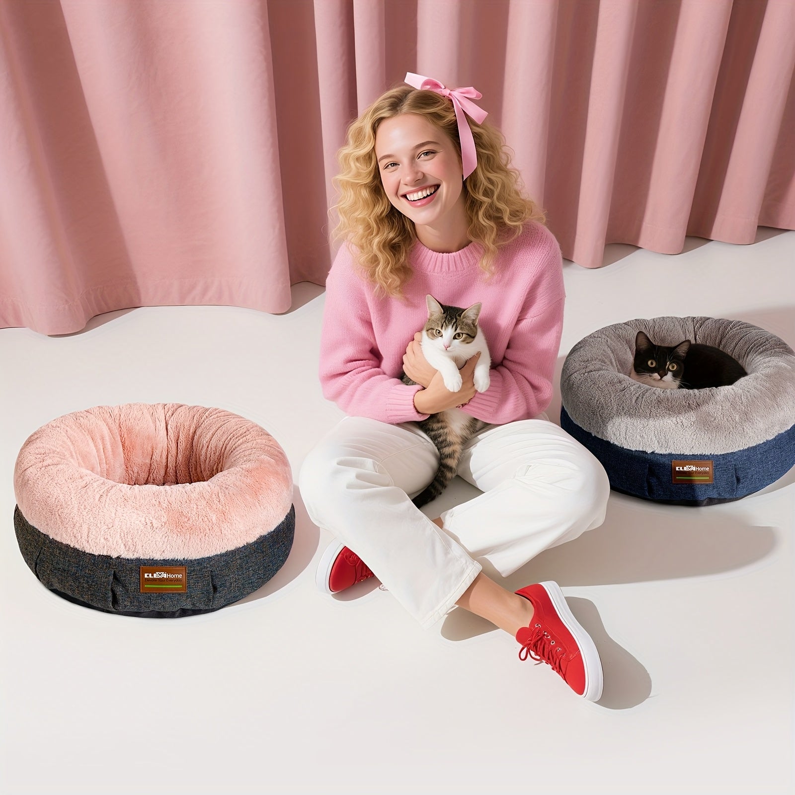 ClevaHome Cozy Cat Bed - Ultra-Soft Plush Pet Bed with Raised Sides and Anti-Slip Base, Comfortable Round Bed for Small Pets up to 11 lbs, Christmas Gift