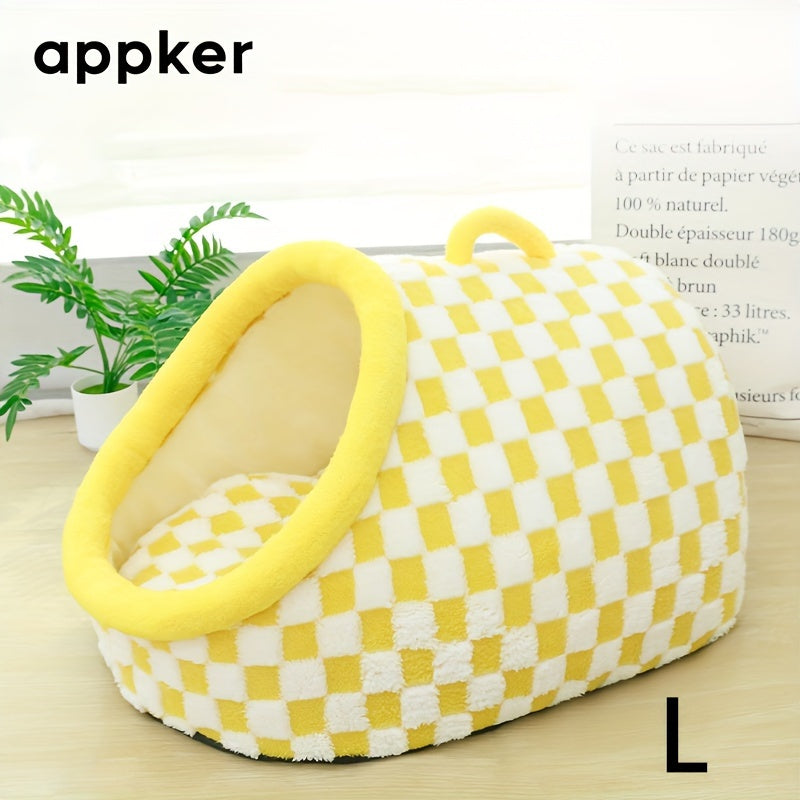 Appker Cozy Checkerboard Plush Cat Bed - Semi-Enclosed, Soft & Warm Indoor Kennel for Cats, Portable and Comfortable Hideaway, Appker